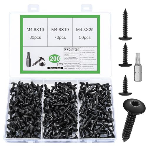 200 Stück Blechschrauben Selbstschneidende Schrauben, M4,8 Torx Schrauben Set, Schwarze Holzschrauben Torx Flachkopfschrauben, Linsenkopfschrauben Bohrschrauben für Holz Möbel, Mit Bit (M4,8)