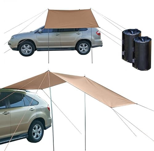 HAMON wasserdichte Auto Markise Sonnenunterkunft, Auto Seite markise Auto Zelt Camping Sonnendach Heckklappenzelt mit UV Schutz, Auto Dachzelt, mit 2 tragfähigen Wassersäcken (Khaki, 300 X 200cm)