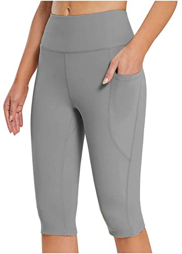AMDOLE Capri Leggings for Women UK High Waisted Knee Length Yoga Leggings with Pockets Summer Short Legging Tummy Control Yoga Pants Cropped Seamless Stretchy Sports Gym Running Shorts Grey, L