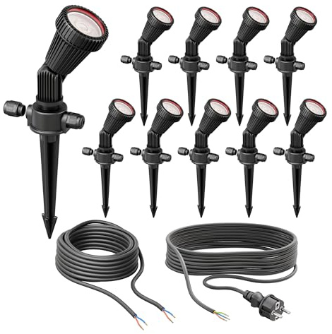 ledscom.de Set med 10 trädgårdsstrålkastare med markspett PIRK med Schuko-kontakt för utomhusbruk, svart, inkl. GU10 LED (vit, 8,2W per styck, 1179lm, 33°)