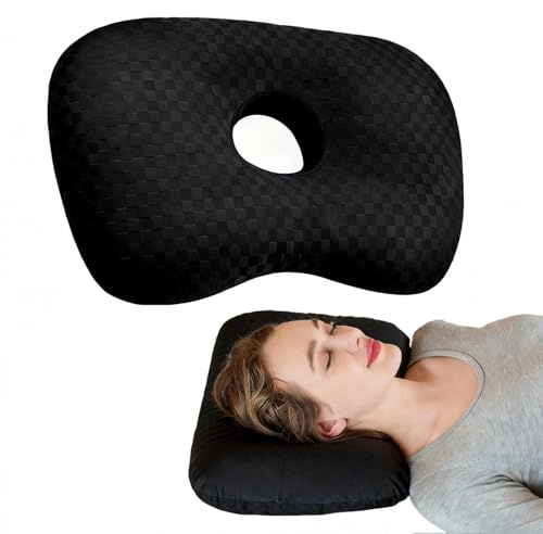 Dwitkul Cuscino per Piercing all’Orecchio con Foro 8.9cm, Cuscino con Foro per Orecchio Ergonomico per Dormire Sul Fianco e Pancia, Alleviare Dolore da Piercing, 44×32×5cm.(Nero)