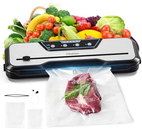 Beelicious Automatisk 8-i-1 matdammsugare tätningsmaskin med startsatser, pulsfunktion, våt- och torrläge och extern dammsugare för burkar och behållare, rostfritt stål