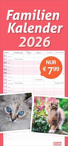 times&more Katzen Familienplaner 2026: Ein praktischer Kalender mit 5 Spalten für Pläne, Termine und Notizen der ganzen Familie. Niedliche Katzenfotos ... (times&more Kalender Heye)