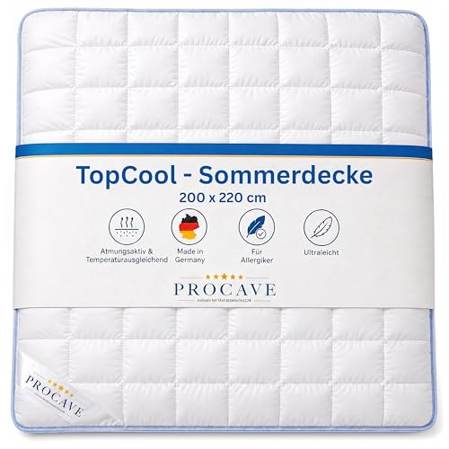 PROCAVE TopCool Sommer-Bettdecke 200x220 cm, atmungsaktiv & kühlend | gegen Nachtschwitzen, federleicht, 95 Grad kochfest waschbar, für Allergiker, formstabile Steppung, Made in Germany