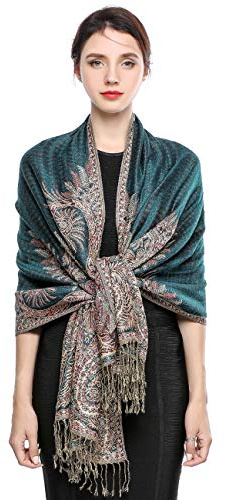 EASE LEAP Sciarpa Pashmina per donna scialle avvolgente caldo di lusso con sensazione di seta Hijab Paisley in colori ricchi con frange 200 * 70cm/(Verde scuro)