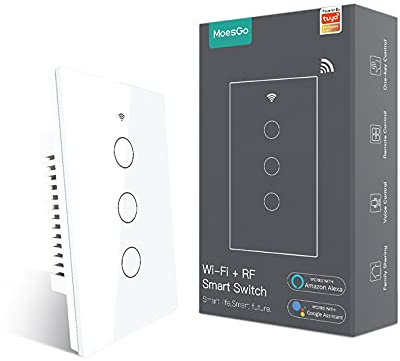 MoesGo WiFi Smart Wall Light Switch,Glass Panel, Multi-Control(3 Way), 2.4GHz Wi-Fi Touch Switches, Neutral Wire Required, Remote Control Smart Life/Tuya App, Work with Alexa, Google Home White 3 Gang