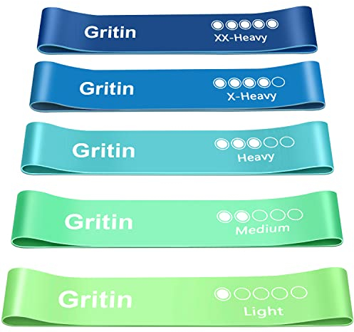 Gritin Fitnessbänder [5er Set] Widerstandsbänder mit 5 Stufen, 100% Latex Fitnessband Resistance Terra Bands mit Deutscher Übungsanleitung & Tragebeutel, Gymnastikband für Muskelaufbau, Yoga, Pilates
