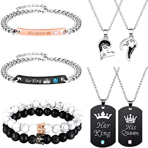 Hicarer 8 Pcs Couples Necklace Bracelet Couples Gift Matching Long Distance Touch Necklace Her King His Queen Jewelry Set for Bf Gf Women Men Wedding Bridal Gift