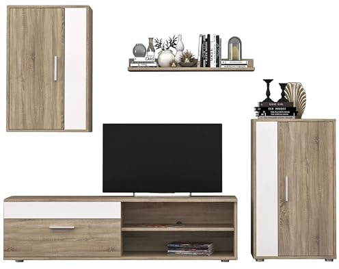 Miroytengo Muebles de Salón Comedor Estilo Nórdico: Módulo TV, 2 Armarios, Estante, Color Blanco y Roble Sonoma