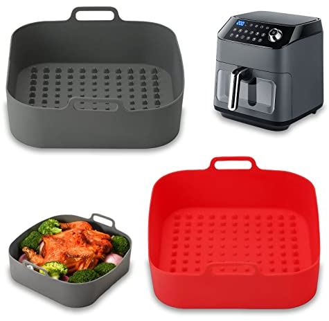 Vegena 2 Stück Silikonform Für Heißluftfritteuse, 20cm Air Fryer Silikon Pot, Wiederverwendbar Airfryer Silikon Backblech Hitzebeständig Silikonform für Heißluftfritteuse Zubehör (20cm, Rot+Grau)