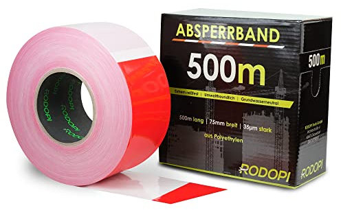 RODOPI Absperrband AreaGuard 500m x 75mm Flatterband rot weiß 50µm Warnband Reißfest Trassierband zum absperren von Baustellen Sperrband gestreift (4 Rollen (2000m))