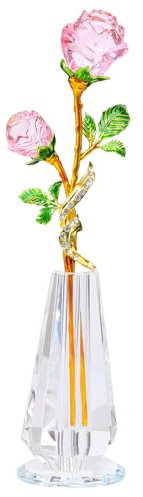 YWHL Handgefertigte rosa Rosenblume, Kristallfigur mit Vase, Blumenstrauß, Glasblumen, Ornament, Rose, Geschenke für Frauen, Mutter, Ehefrau, Kristallblume, Heimdekoration für Jahrestag, Muttertag,