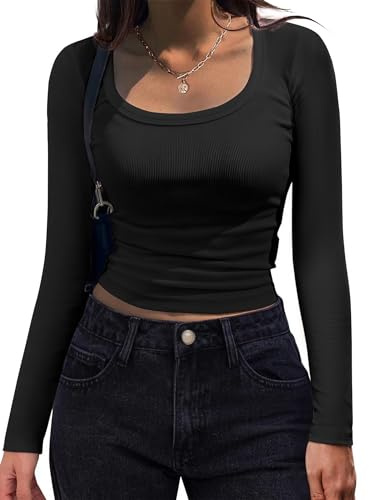 Hotouch Maglietta Manica Lunga Donna Cotone Girocollo Stretch T Shirt Elegante Manica Lunga Slim Fit Top Nero S
