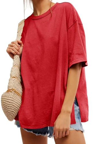 Tankaneo Womens Oversized Tshirts Summer Casual Short Sleeve Crew Neck T Shirt Loose Fit Side Slit Tee Tops Red