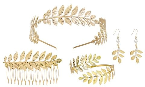 NOLACE 4 stycken grekisk gudinna modesmycke set för kvinnor, romerska lagerblad krona tiara hårkam manschett överarm armband virvel örhängen guld bröllop brud toga fest, 4 m Zuleitung mit