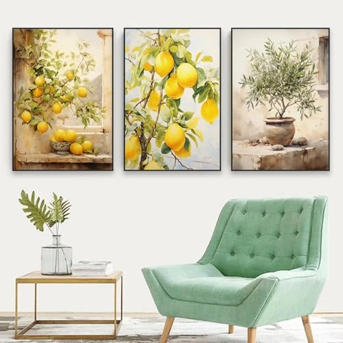 GOSRD Retro-Landschaftsplakat, mediterranes Griechenland, italienischer Zitronen-Olivenbaum, Leinwandbild, Wandkunst, Bilder, Inneneinrichtung, 60 x 90 cm, 3-teilig, rahmenlos