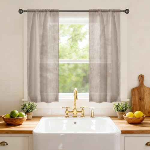 Ystyle Scheibengardinen Küche Modern 2er Set, 70x120 cm, Kamel | Küchengardinen Lichtdurchlässig, Vorhang Transparent Leinenoptik, Kurzgardine Stangendurchzug für Küchenfenster Wohnzimmer