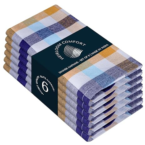 HEIRLOOM COMFORT Gingham Multi Check 100% Cotton Cloth Napkins Set of 6, Large 45x45 cm, Washable, Reusable & Durable Fabric for Dining, Events, Everyday Use, Indigo Blue, Yellow, Aqua Blue, White