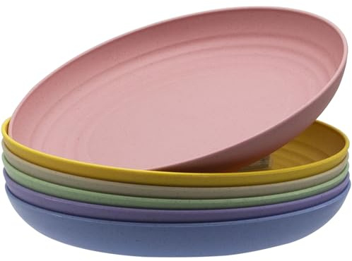MKYHBOO 23cm Deep Wheat Straw Dinner Plates Set, Unbreakable Outdoor Plates, 6pcs Lightweight Dinner Dishes, Microwave and Dishwasher Safe Plate for Kitchen