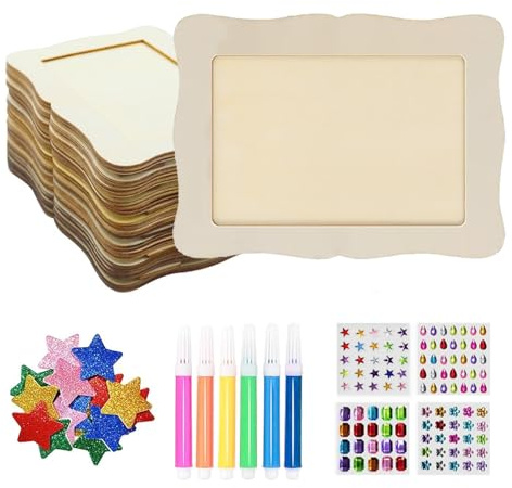 HAOSJINY 10 Stück Holzbilderrahmen, Bilderrahmen Zum Bemalen, Holzbilderrahmen Zum Bemalen mit Acrylstiften, Glitzersteinen & Stickern, Kreatives Bastelset für Familien, Deko & Geschenkidee (Stil B)