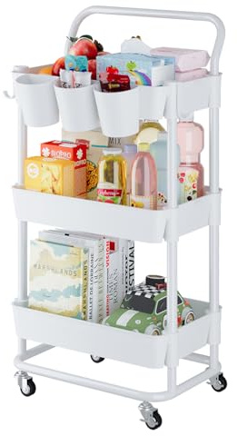 Buzowruil 3-Tier Rolling Utility Cart, Storage Cart with Handle Multi-Purpose and Locking Wheels,with Hanging Basket and Hook for Office, Kitchen, Bathroom,White