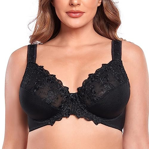 Ayigedu Women's Full Coverage Minimiser Bra Floral Lace Non Padded Plus Size Underwired Bra 36G Black