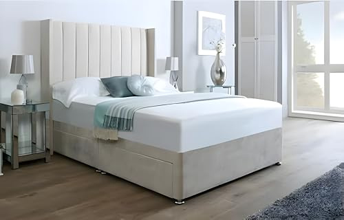 Cream Plush Milan Divan Bed – Elegant Double Bed with Mattress Included 10” Spring Memory Foam | Double Bed Frame with 48” Wingback Headboard & 2 Storage Drawers | Furniture Set