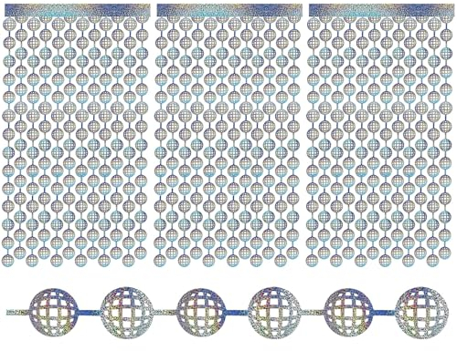 wordmouk 3 Pack Disco Ball Cortina de Flecos de Lámina Plata 1x2M Cortina Lámina Franjas Fringe Cortina de Brillo Cortina Tiras Cortina de Borla Decoracion para Boda Fiesta Halloween Cumpleaños