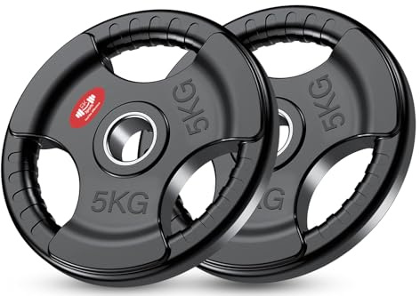 FK Sports Olympic Weight plates Rubber Coated Cast Iron Weights, 2 Inch opening, 2.5kg, 5kg, 10kg, 15kg, 20kg, 25kg, Black Tri grip Barbell Plates, Weight Plates for 2 barbell, Sold in Pair (5 kg)