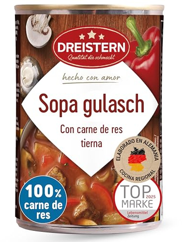 DREISTERN Sopa de Gulash Picante 400 g I Con carne de res tierna & verduras I Guiso picante en lata reciclable I Larga duración gracias a la conservación natural I Calidad casera