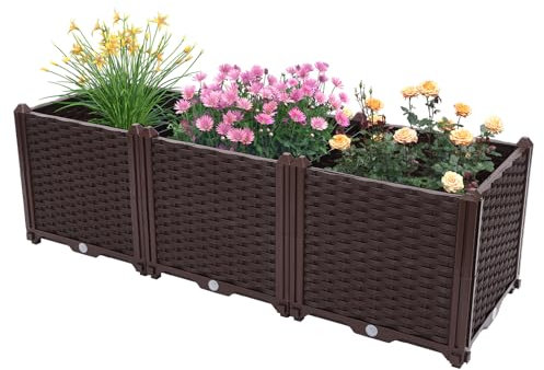 innytund Large Planter Box 117 * 39 * 38cm Plastic Garden Wooden Rectangular Planter Deep Brown Raised Garden Bed Easy To Assemble Raised Garden Planter Box Kit for Plants Shrubs Flowers