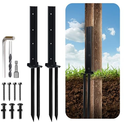 Gemsaya 2 Pack Fence Post Repair Kit, Heavy Duty Steel Fence Post Support Stakes, Fixer Anchor Ground Spike with Nails, Drill, Socket, Black Fences Posts Support Stake for Tilted Broken Wood