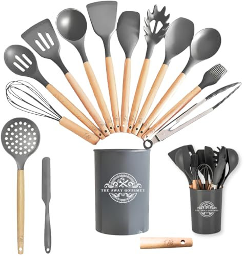 The Away Gourmet Set di 14 utensili da cucina, con manici in legno, con spatola, frusta, cucchiaio scanalato, resistente al calore, con supporto, per pentole antiaderenti (senza BPA) (grigio)