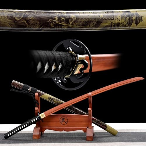 HJHUUA Japanisches hölzernes Katana,natürliches Palisander-Samurai-Schwert,eiserner Handschutz,bemalte Holzscheide,handgefertigtes Bokken für Kendo-Training,Geschenke,Dekoration,Cosplay-103 cm