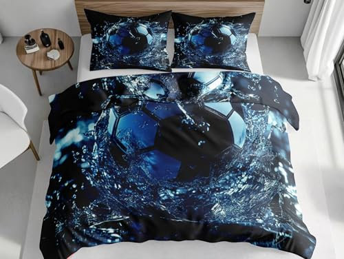 SKOEUI Set di Biancheria da Letto Sport Calcio Set Copripiumino in Morbido Microfibra Copri Piumino Traspirante Ipoallergenica Completo Copripiumino Singolo 140x200 cm Blu
