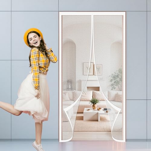 Fly Screens for Doors 110 x 214 cm Anti Mosquito Heavy Duty Bug Mesh Curtain Magnetic Top to Bottom Seal Snaps Shuts Automatically for Doors and Patio, White