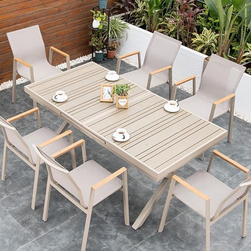 Set di mobili da giardino grigio pieghevole ed allungabile con tavolo da balcone con 6 sedie design a tenda da birra con schienale, piano in plastica resistente in legno per terrazza e uso esterno