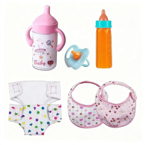 Baby Doll Accessories Set, 7 Pcs Doll Feeding and Caring Kit with Magic Feeding Bottles and Juice Bottles, Pacifier, Bibs & Diapers, Pretend Play for Girls Kids Toddlers (Pink)