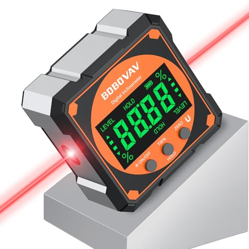 BOBOVAV 4-side Magnetic Digital Angle Gauge with Laser(Class 2, ＜1mW Output), 4 * 90° Rechargeable Electronic Inclinometer Protractor Level Gauge for Woodworking Tablesaw