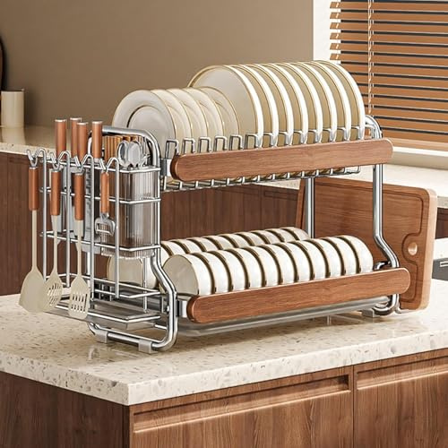Escurridor de platos de madera, diseño de 2 niveles que ahorra espacio con soporte desmontable para cubiertos, gran capacidad para platos, ollas, tapas, cuencos, tazas y tablas de cortar
