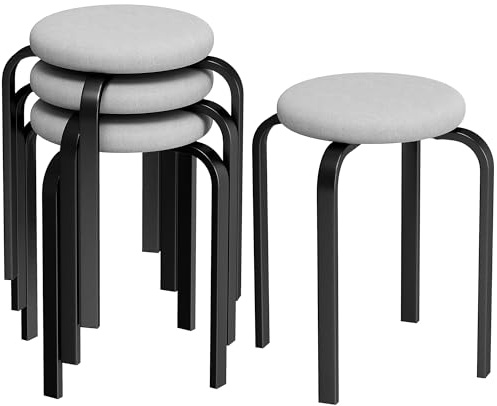 HOMCOM Juego de 4 taburetes apilables modernos, acolchados, redondos, sin respaldo, para cocina, comedor, sala de estar, color gris