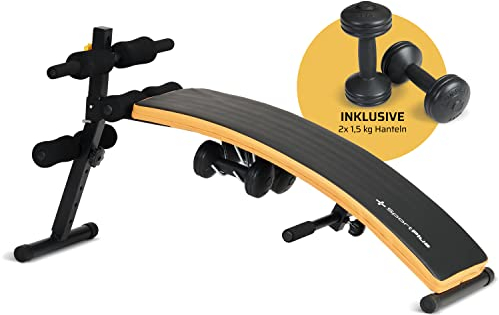 SportPlus Sit Up Bank klappbar mit 2x 1,5 kg Hanteln, Bauchtrainer mit Beinfixierung, mit Handgriffen für diverse Übungen, Hantelbank, trainiert Bauch, Rücken, Schultern & mehr