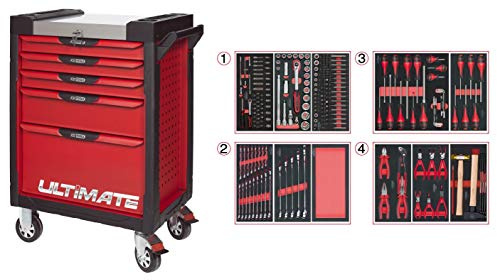 KS Tools - 809.7241 - Servante d'atelier complète ULTIMATE 7 tiroirs equipée de 241 outils - caisse à outils complète - couleur rouge - plateau inox -porte flacons
