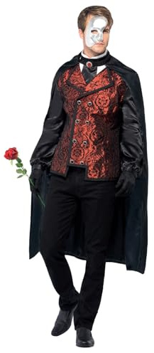 Smiffys Dark Opera Masquerade Costume, Black with Cape, Mock Shirt, Mask, Gloves & Faux Rose, Halloween Carnival of The Damn Fancy Dress, Vampire Dress Up Costumes