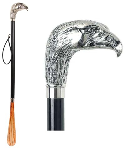 DELFA Design Schuhanzieher Schuhlöffel 70 cm mit silbernem Adler als Griff - schwarzer Holzschaft mit Schlaufe - die elegante Anziehhilfe