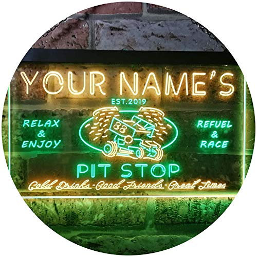 ADVPRO Personalized Your Name Est Year Theme Pit Stop Game Room Garage Dual Color LED Barlicht Neonlicht Lichtwerbung Neon Sign Grün & Gelb 300 x 210mm st6s32-pu1-tm-gy
