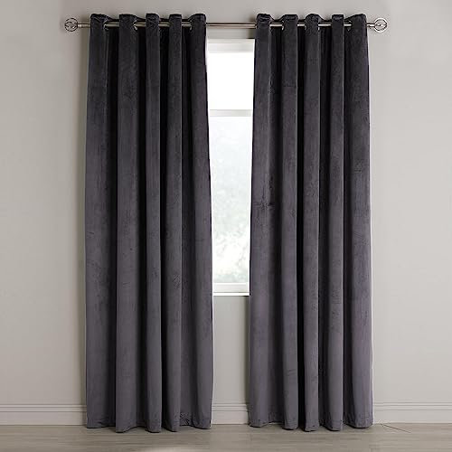 Aspire Homeware Charcoal Eyelet Curtains 90x90 (2 Panels) with Tie Backs - Fully Lined Velvet Curtains for Bedroom, Window Curtain for Living Room (228cm x 228cm)