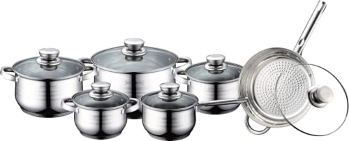 ROYALTY LINE, Ensemble de 12 pièces, Batterie de Cuisine en acier inoxydable, poêle à frire ø 24 cm, casseroles ø 16, 18, 20, 24 cm avec couvercles en verre, Tous Feux, Argent