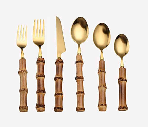 Lot de 6 couteaux à dessert, fourchette et cuillère en acier inoxydable avec manche en bambou Doré