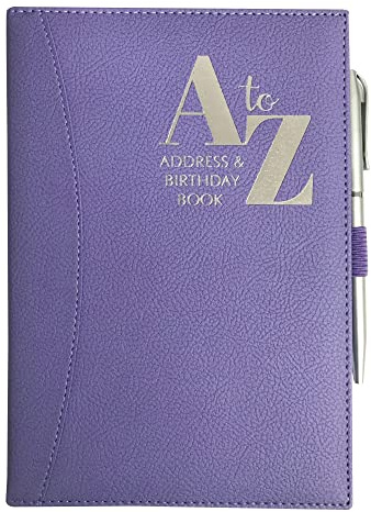 Carnet d'adresses de téléphones et d'anniversaires avec index A-Z en cuir synthétique souple rembourré et stylo Violet Format A5